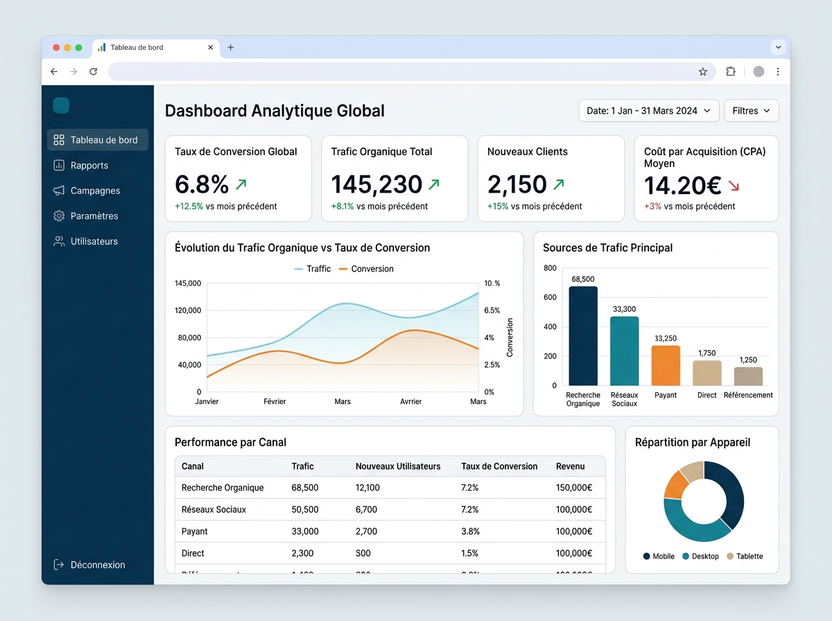 Analytics dashboard displaying key performance indicators (KPIs) such as conversion rate and organic traffic.
