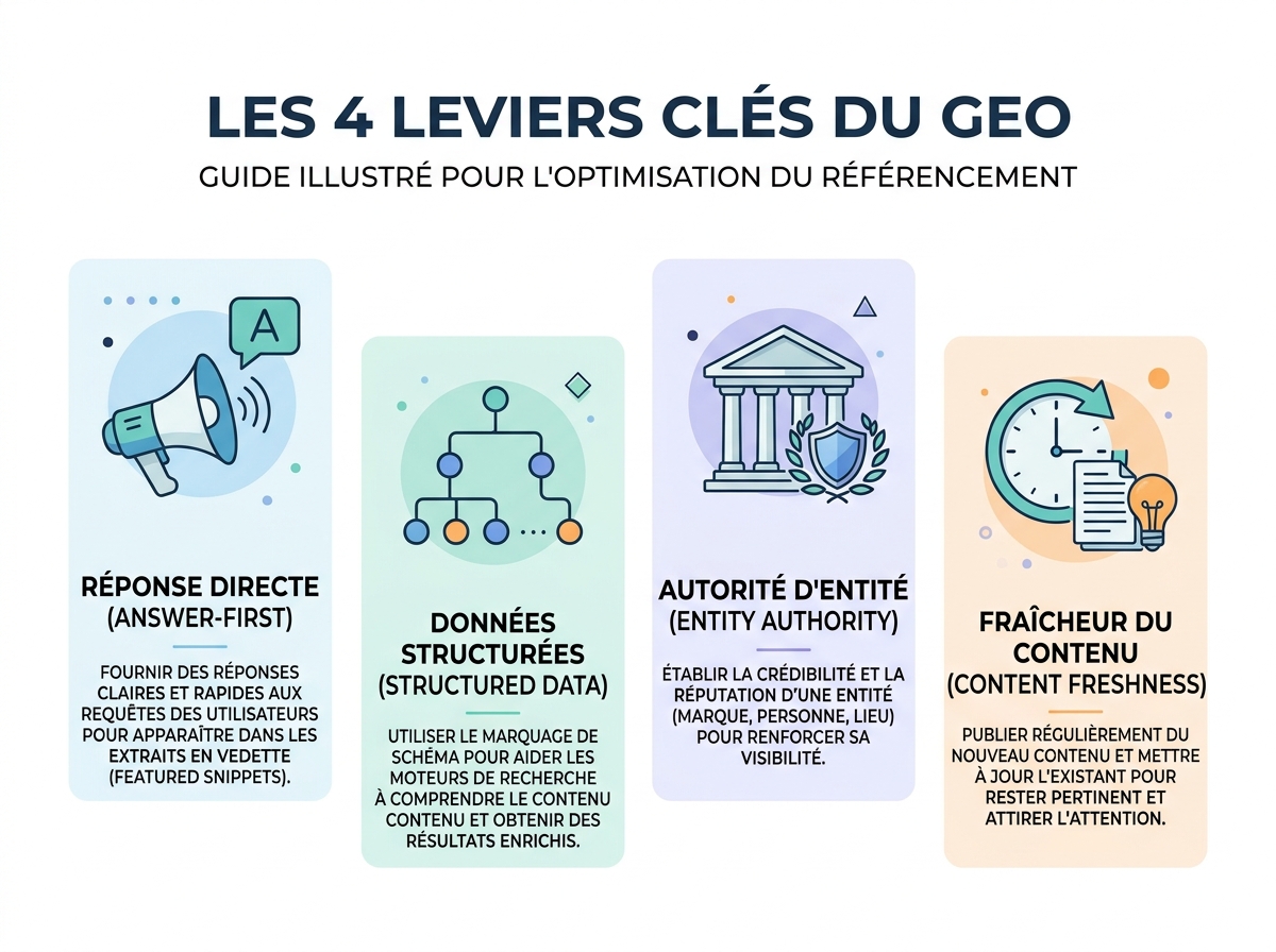 Infographie des 4 leviers GEO : answer-first, données structurées, autorité d'entité et fraîcheur du contenu.