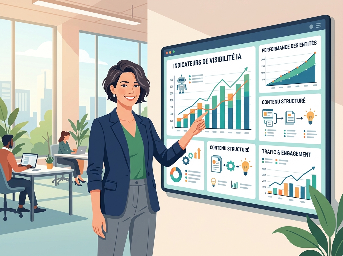 Chef d'entreprise PME devant un tableau de bord numérique affichant des indicateurs de visibilité IA et SEO localisée par IA, entités et contenu structuré.