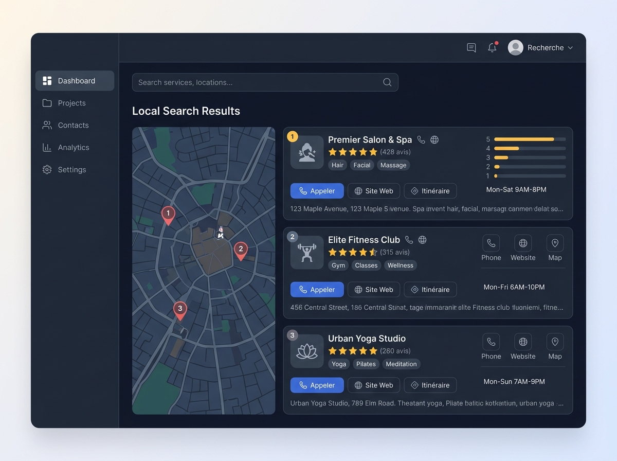 Capture d'écran stylisée d'un Local Pack Google affichant trois entreprises locales avec leurs étoiles et avis.