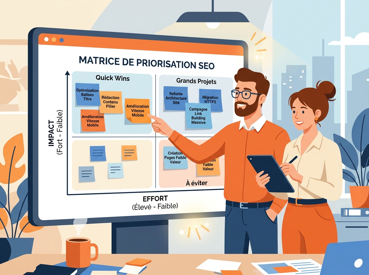 SEO prioritisation matrix with coloured sticky notes, categorising actions by impact and effort.