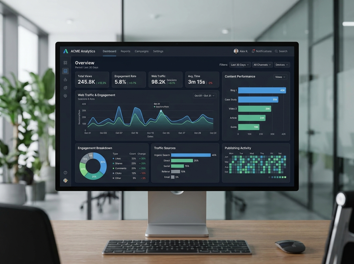 Analytical dashboard on a computer screen displaying content performance and web traffic graphs.