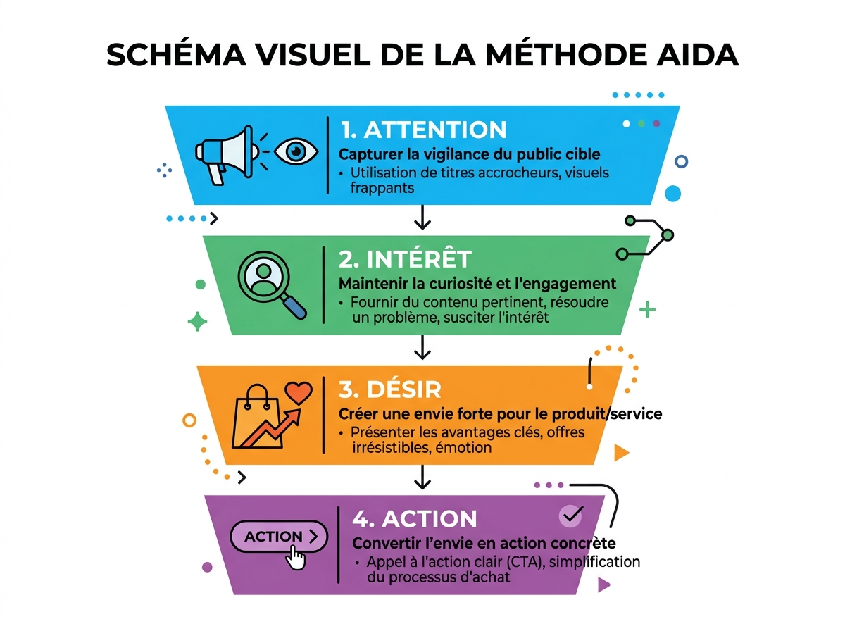 Modern and clean infographic of the AIDA method: Attention, Interest, Desire, Action, with 4 coloured steps.