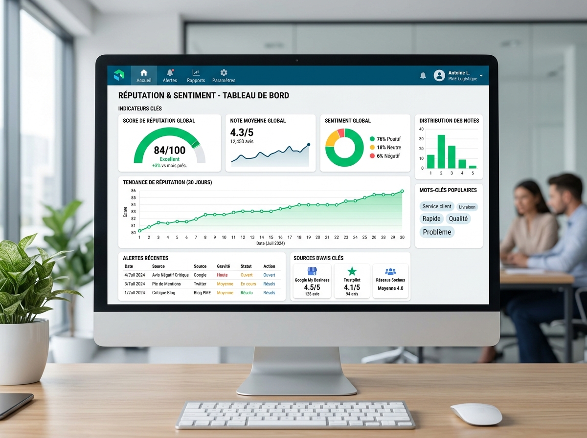 Tableau de bord de monitoring de réputation avec notes, alertes et graphiques de tendance, ambiance data PME.