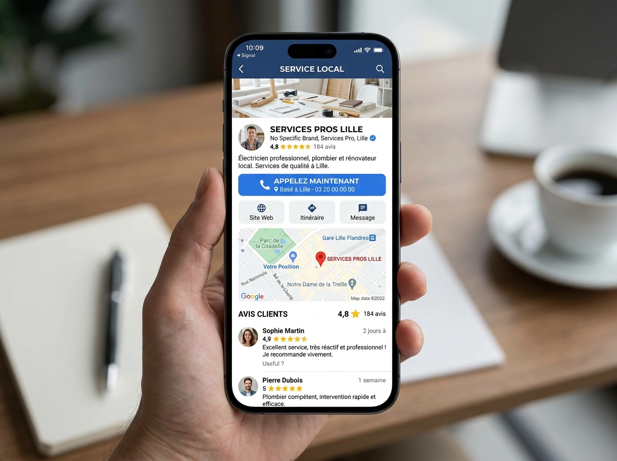 Maquette mobile d'une page locale SEO avec bouton d'appel, avis clients et carte Google Maps intégrée.