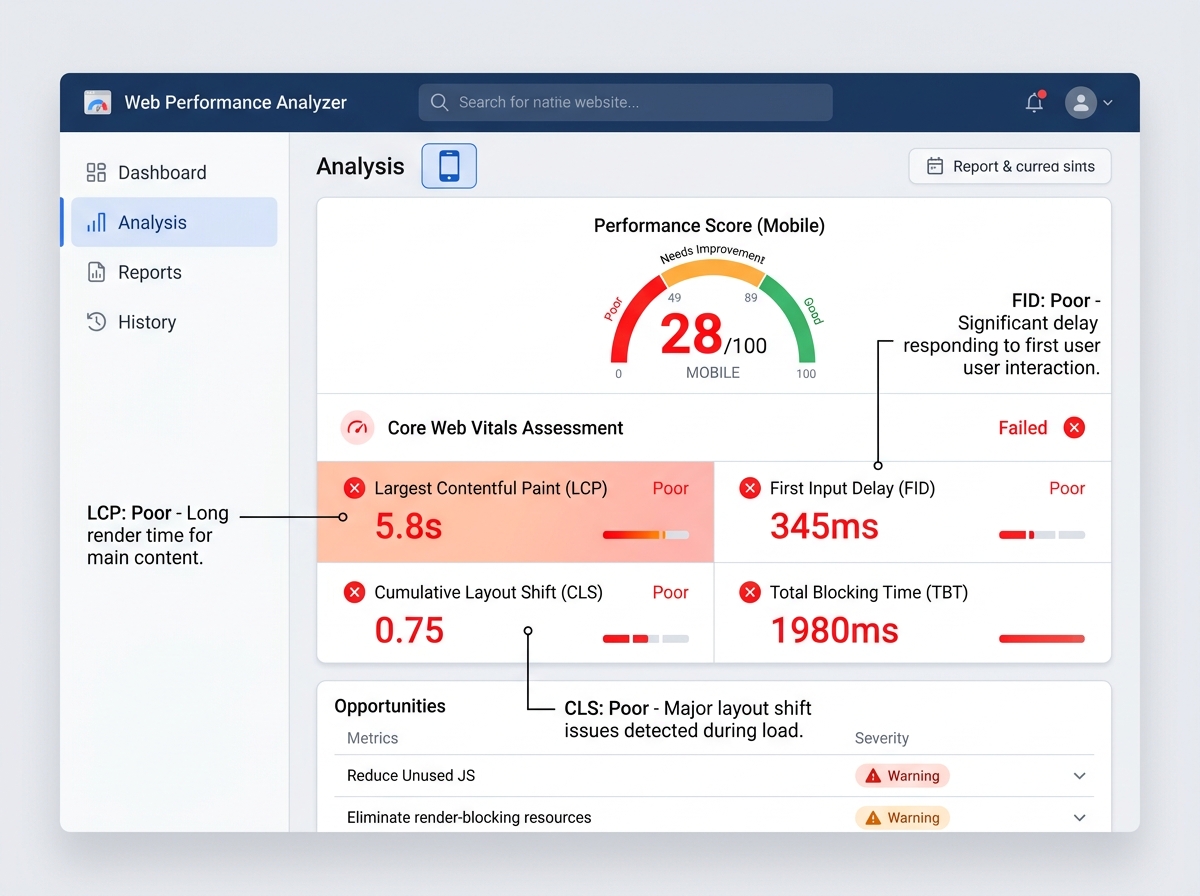 Stylised screenshot of Google PageSpeed Insights showing a low red score on mobile, with Core Web Vitals annotations.