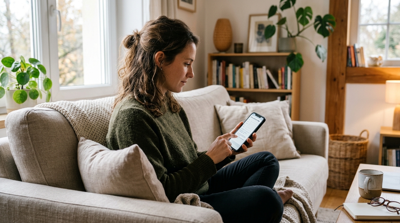 Une femme assise sur son canapé remplit un formulaire sur son téléphone.