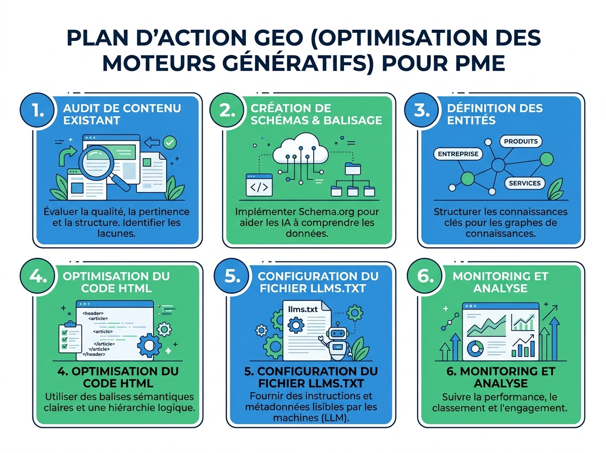 Infographie en 6 étapes : audit, schémas, entités, HTML, llms.txt, monitoring pour optimiser un site PME pour les IA.