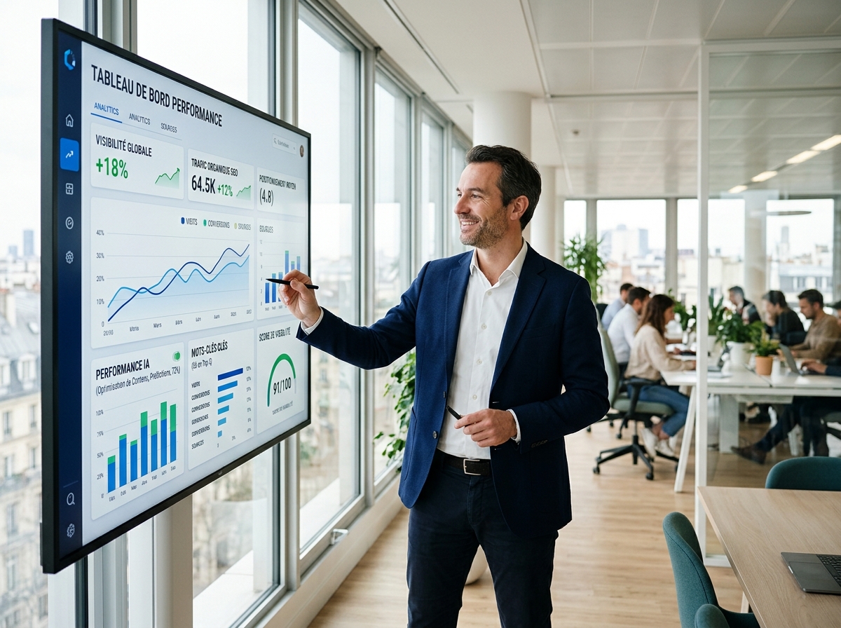 Professionnel PME devant un tableau de bord digital affichant des indicateurs de visibilité SEO et IA.