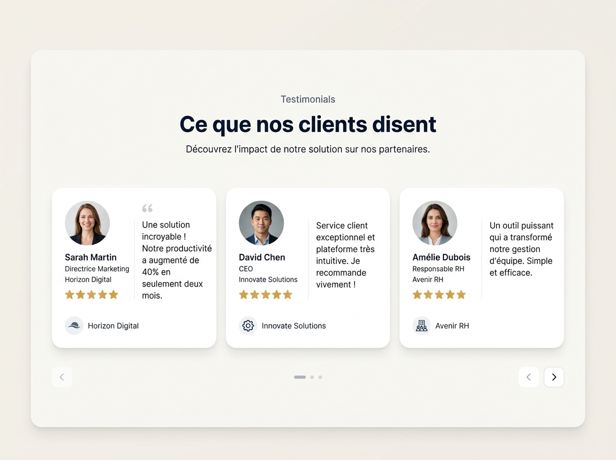 Web page section presenting customer testimonials with photos, stars, and company logos on a light background.