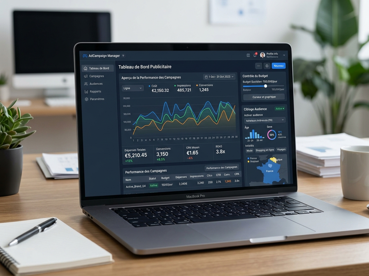 Meta Ads dashboard on a computer screen displaying performance graphs and audience targeting options.