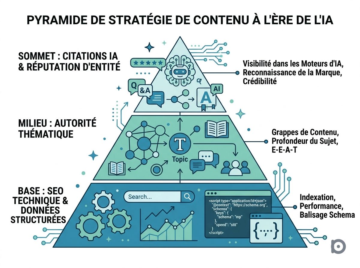 Infographie bleue-verte moderne : pyramide de stratégie de contenu à l'ère de l'IA et du SEO.