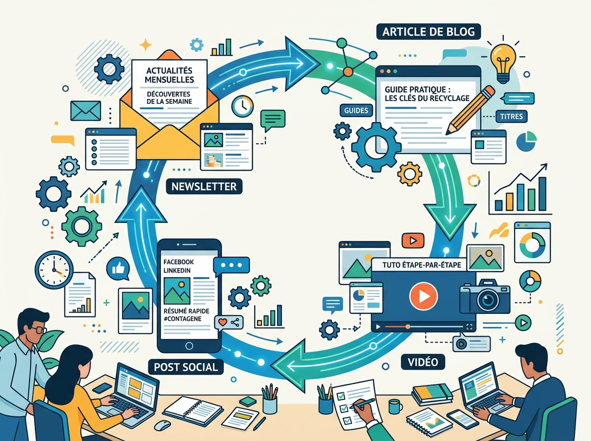 Circular arrow illustrating content recycling between an article, a video, a social post, and a newsletter.