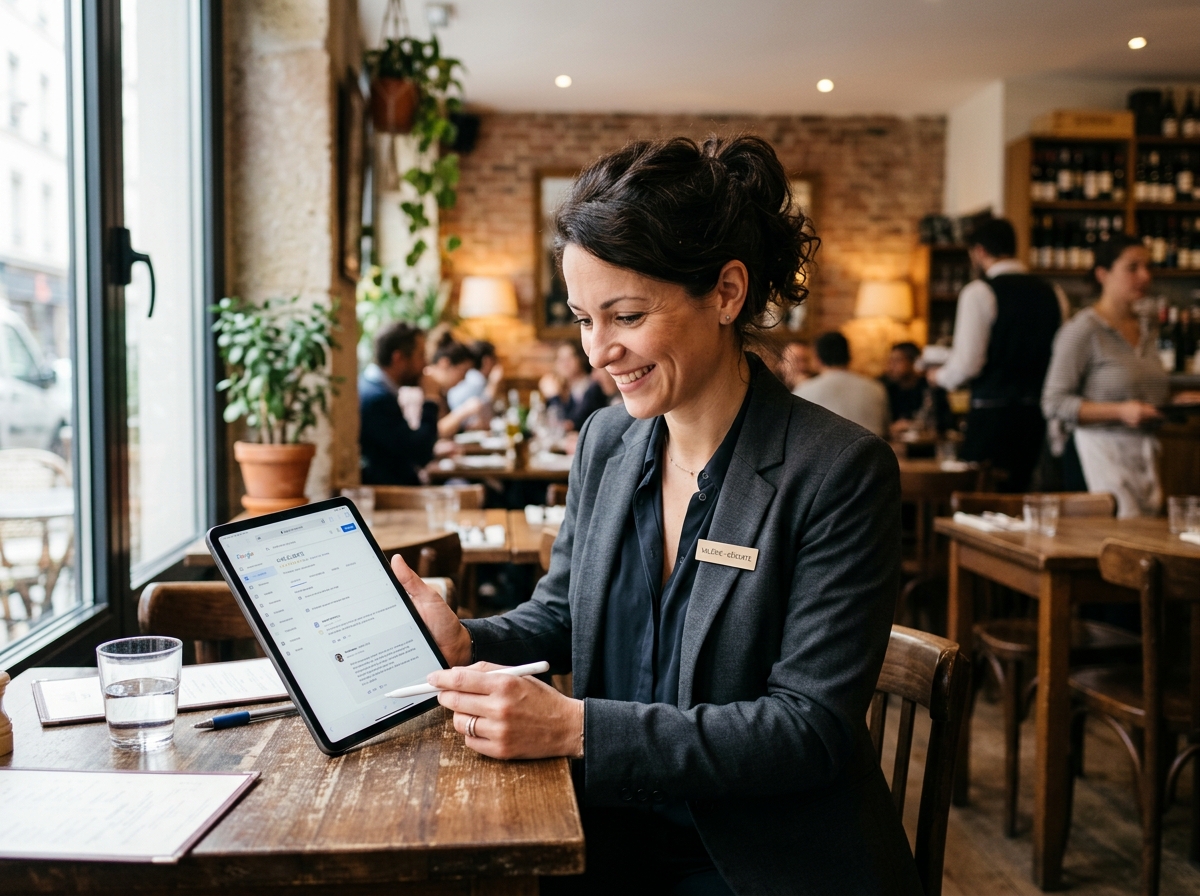 Une gérante utilise une tablette pour répondre à un avis client dans son commerce, un sourire aux lèvres.