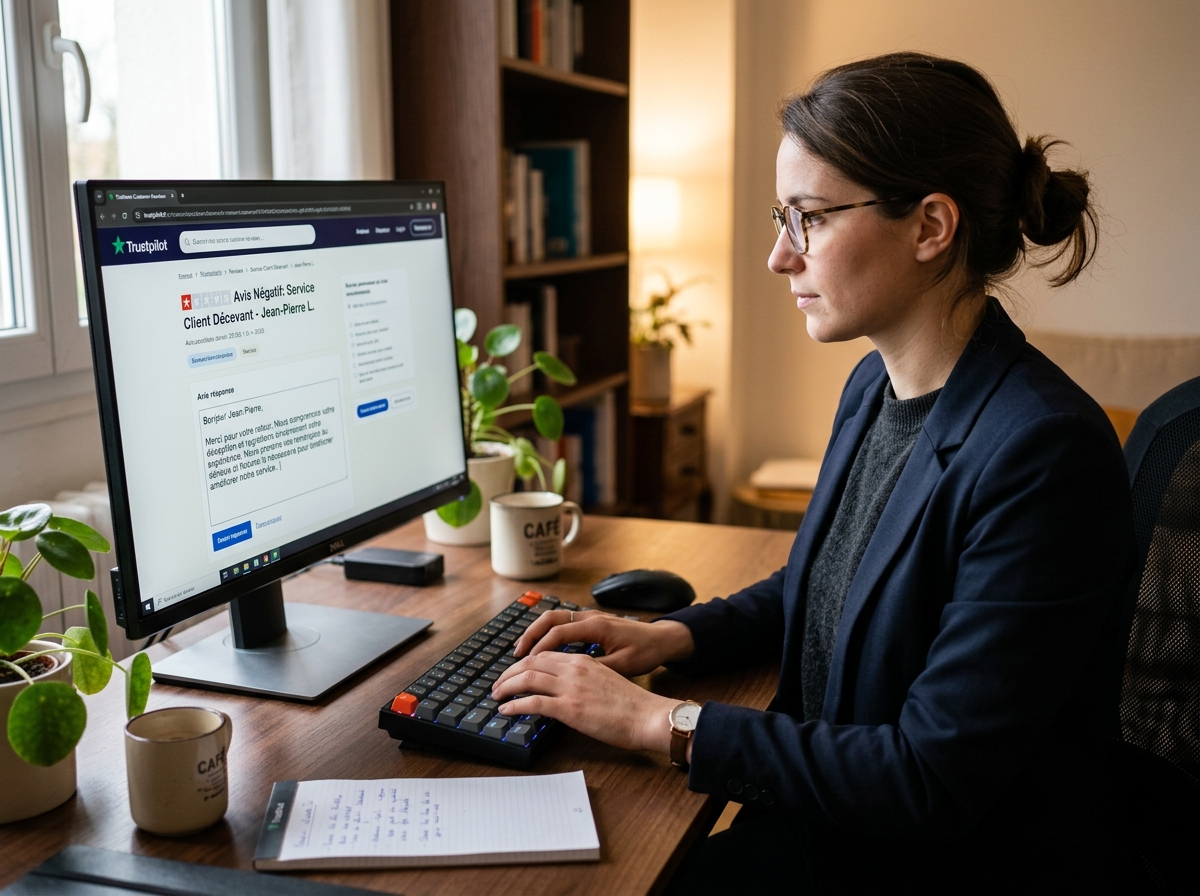Person concentrating, typing a professional and calm response to a negative review displayed on a computer screen.