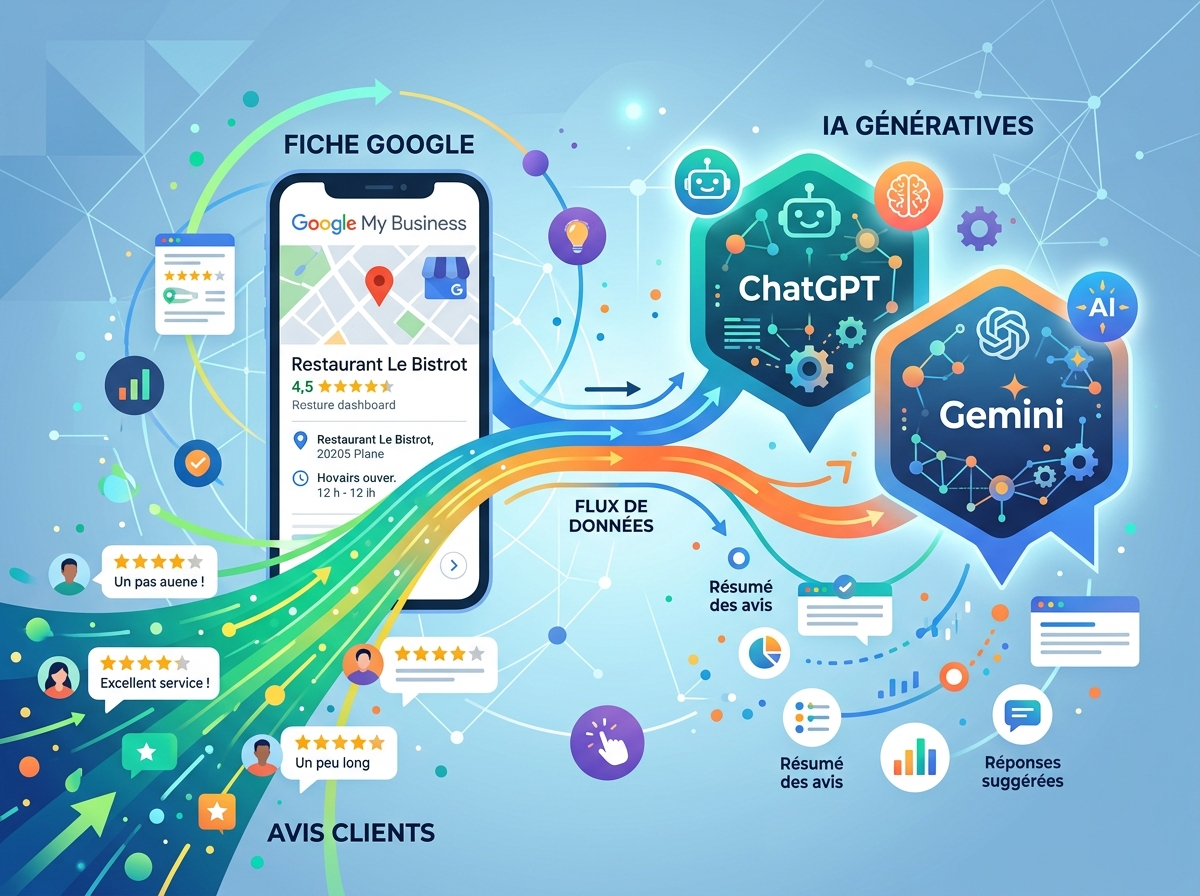 Illustration abstraite montrant une fiche Google connectée à des avis clients et des bulles d'IA génératives (ChatGPT, Gemini) avec des flux de données.