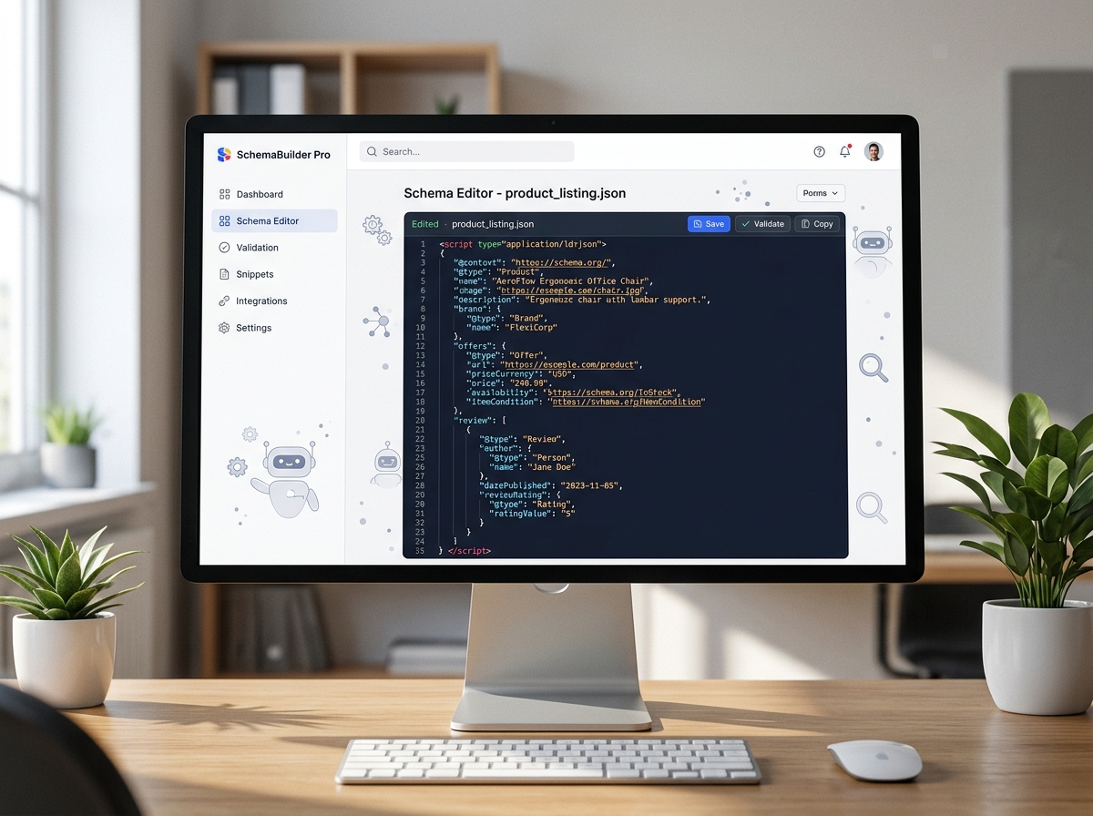 Écran d'ordinateur affichant du code JSON-LD Schema.org avec des icônes de moteurs de recherche et d'agents IA en arrière-plan.