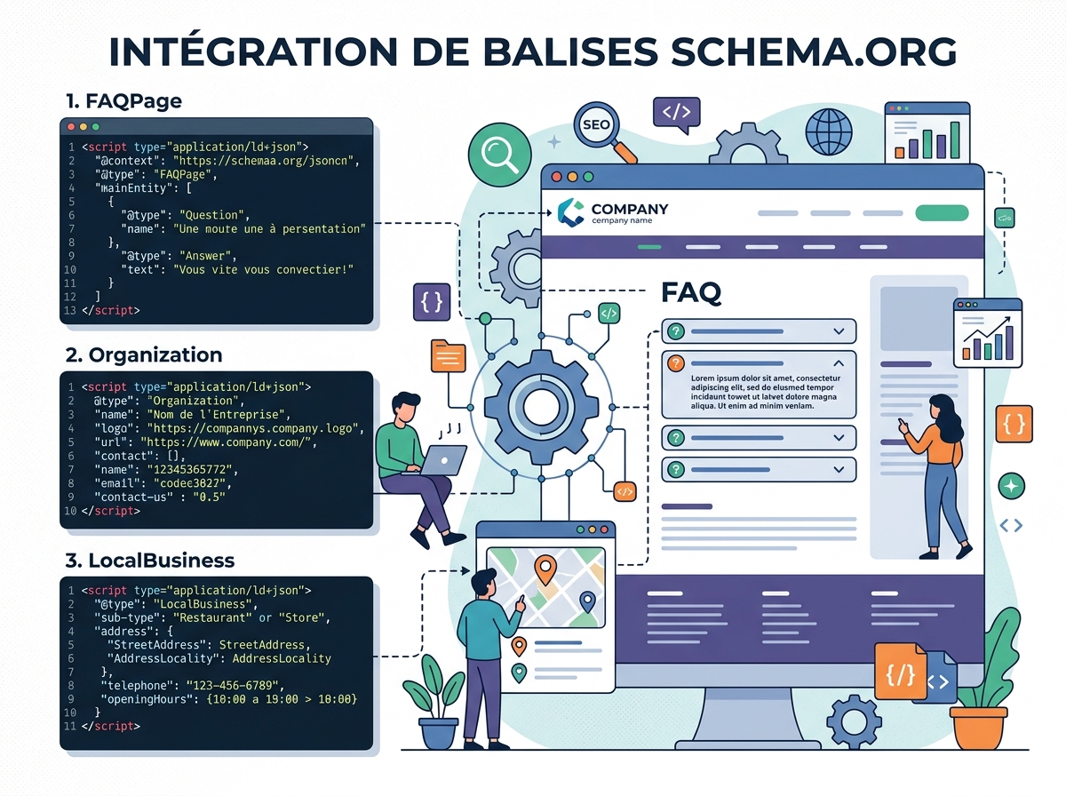 Illustration technique de balises schema.org (FAQPage, Organization, LocalBusiness) intégrées dans une page web.