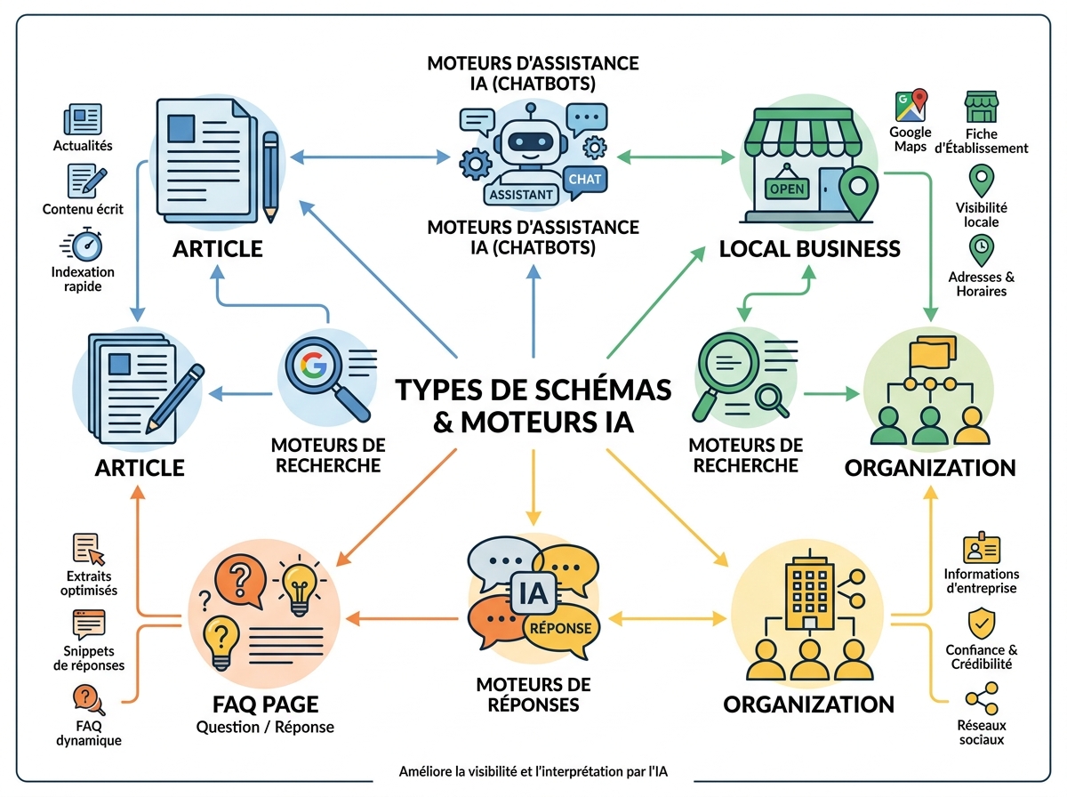 Infographie des 4 types de schémas (Article, LocalBusiness, FAQPage, Organization) et leur lien avec les IA.
