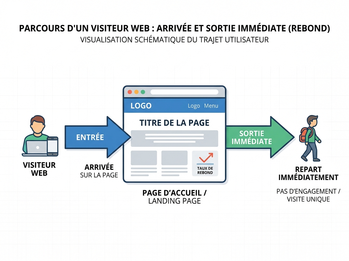 Schematic diagram showing a visitor arriving on a web page and immediately leaving, symbolising bounce rate.