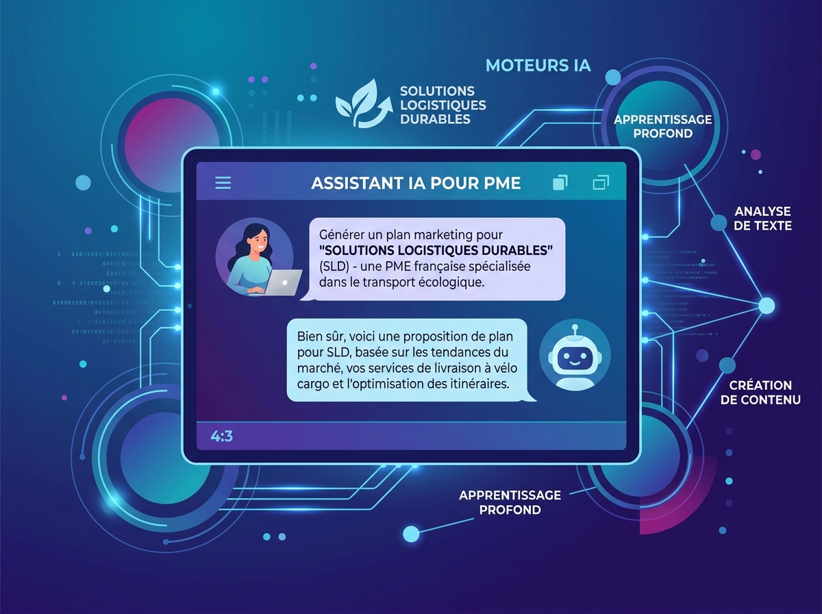 Generative AI interface displaying an SME brand, with response bubbles and content connections.