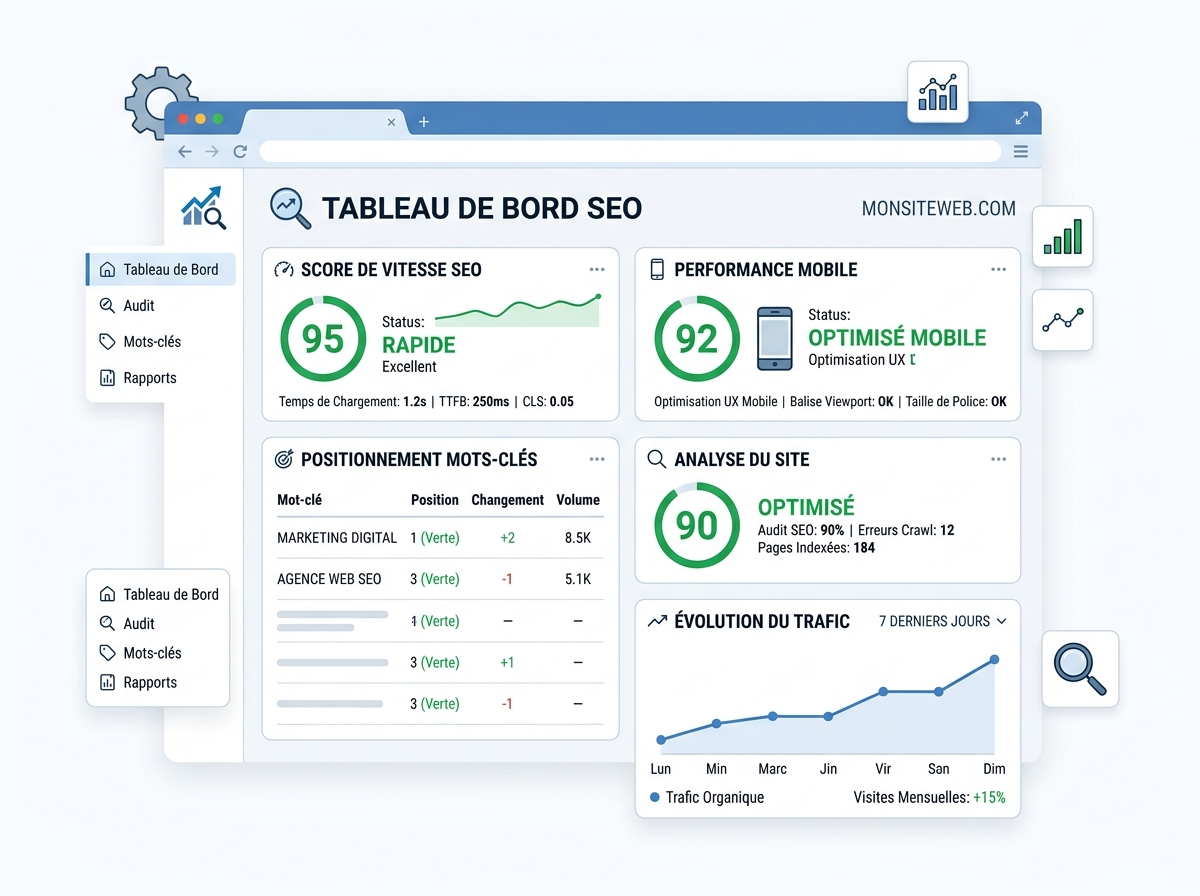Stylised screenshot of a website displaying key SEO indicators: speed, keywords, and mobile score.