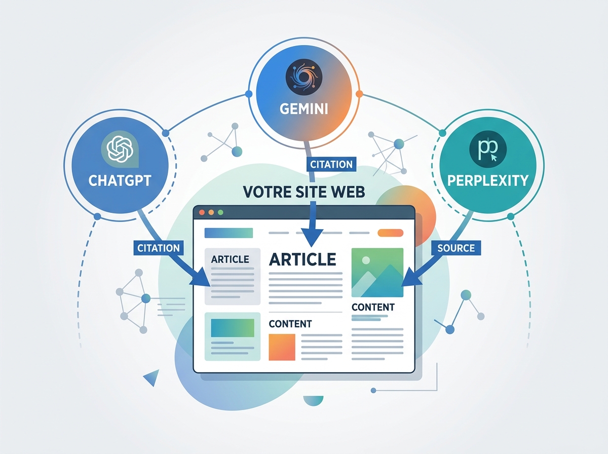 Conceptual illustration of a website connected to speech bubbles representing ChatGPT, Gemini, and Perplexity, with citation arrows, in a clean technological style.