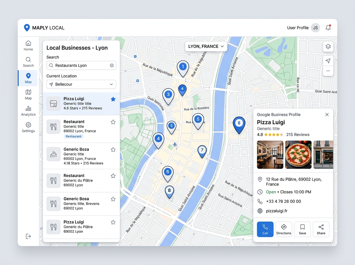 Google Maps displaying business location pins and a detailed Google Business Profile.
