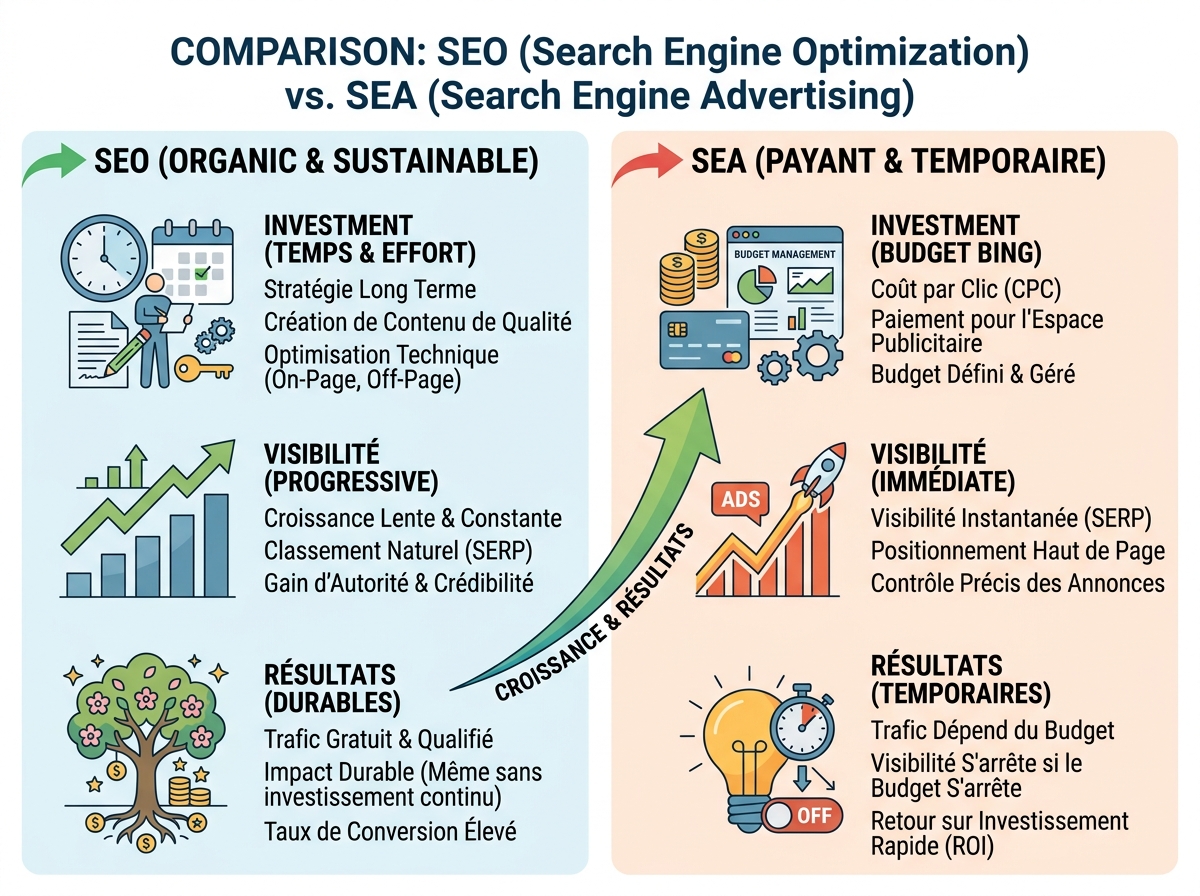 Diagram comparing SEO (organic, sustainable) and SEA (paid, temporary) with icons and a growth arrow.