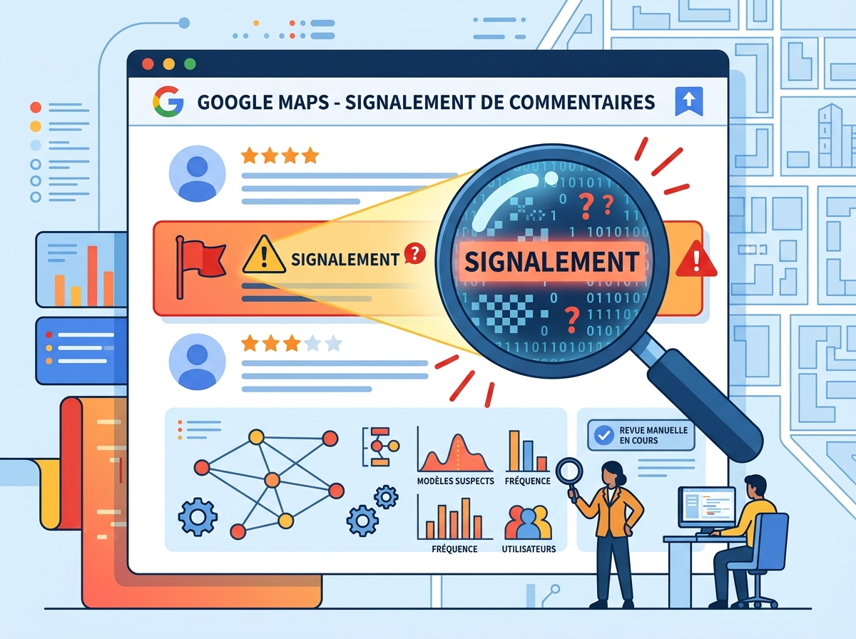Drapeau de signalement sur une fiche Google fictive, une loupe inspecte des commentaires suspects, ambiance investigation numérique.