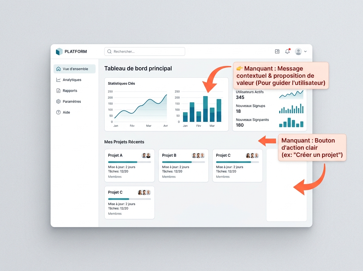 Stylised screenshot of a web page without a visible call-to-action button, with arrows pointing to missing elements.