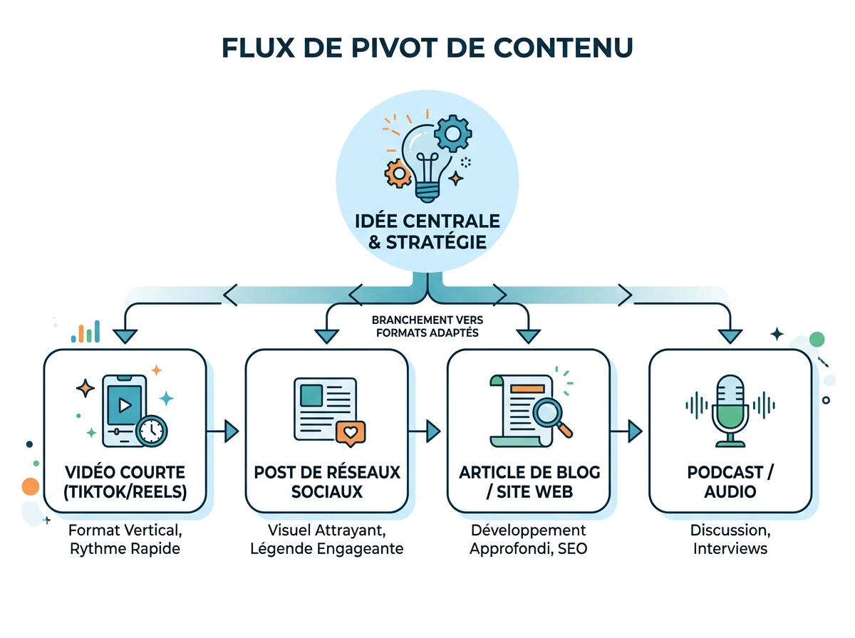 Clean infographic diagram illustrating a pivotal piece of content branching into different formats for multiple social networks.