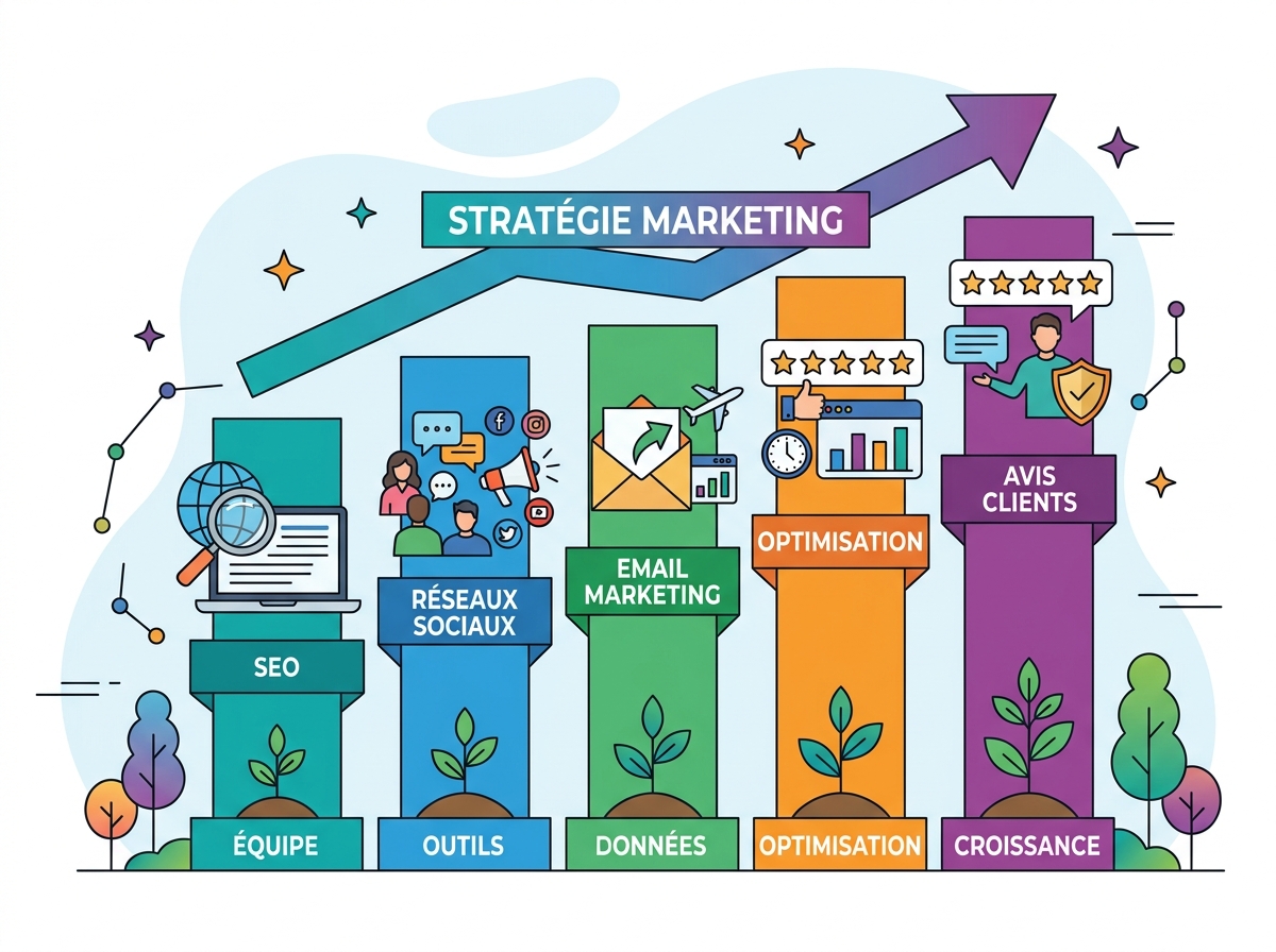Upward growth graph with icons of marketing pillars (SEO, social media, email, customer reviews).
