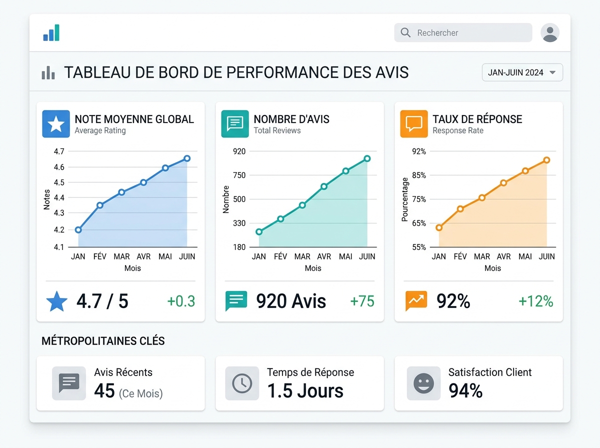 Analytics dashboard showing the progress of Google customer reviews for an SME, with average rating, number of reviews, and response rate.