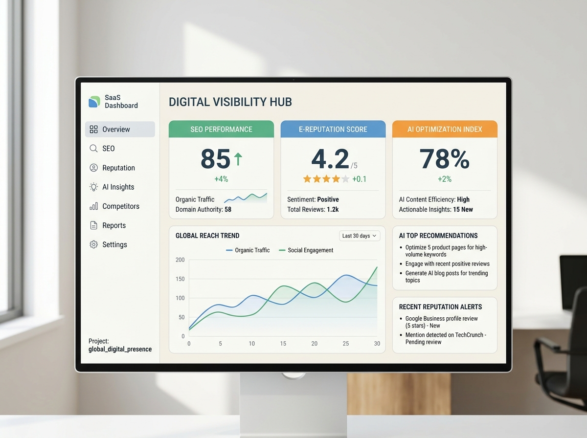 Clean interface of a centralised digital visibility dashboard, displaying SEO, e-reputation, and AI metrics.