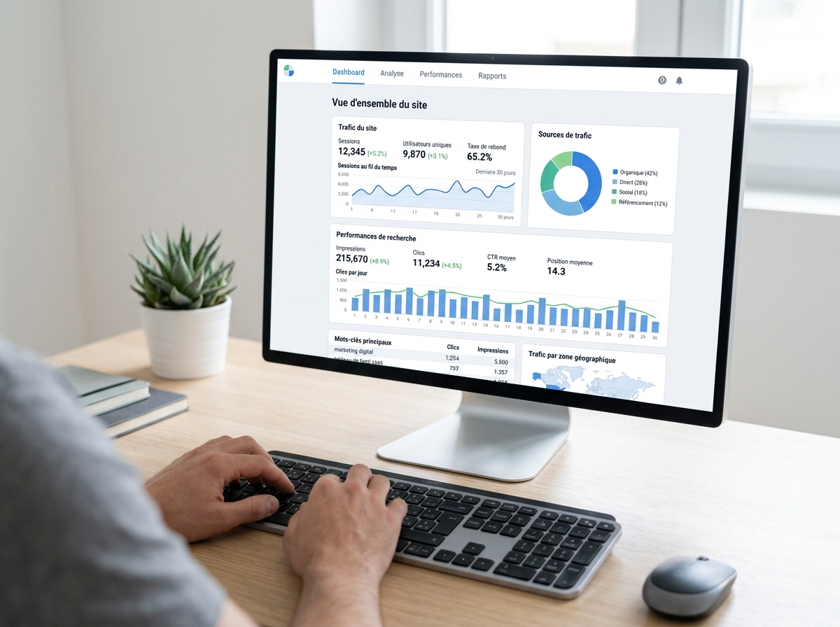 Computer screen displaying a simplified Google Analytics and Search Console dashboard, with hands on a keyboard.