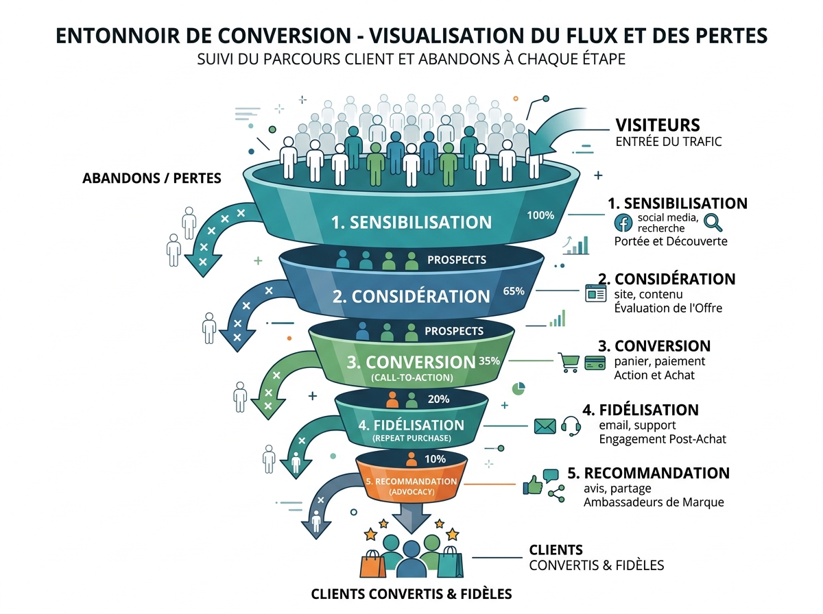 Conversion funnel graphic showing visitors dropping off at each stage due to a slow website.