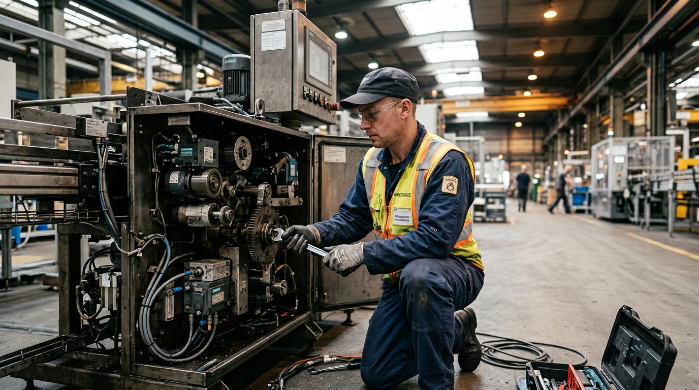 Un technicien en gilet haute visibilité intervient sur une machine dans une usine.