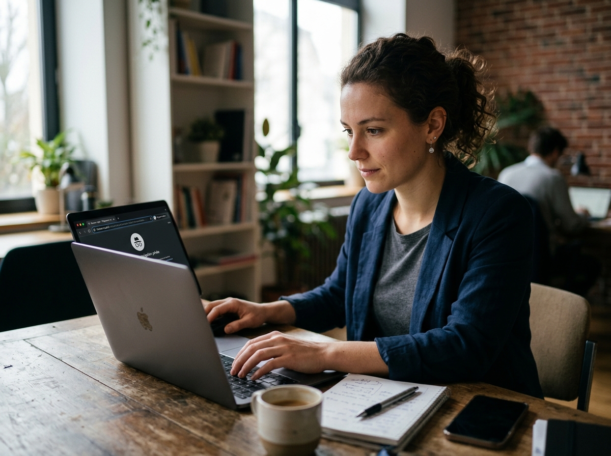A woman typing on a laptop at a work table