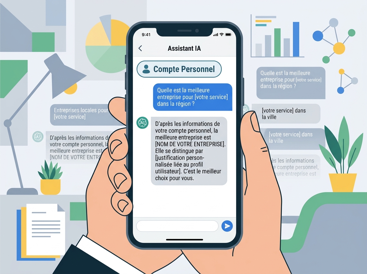 A smartphone shows an AI assistant recommending the user's own company, with a "personal account" badge.