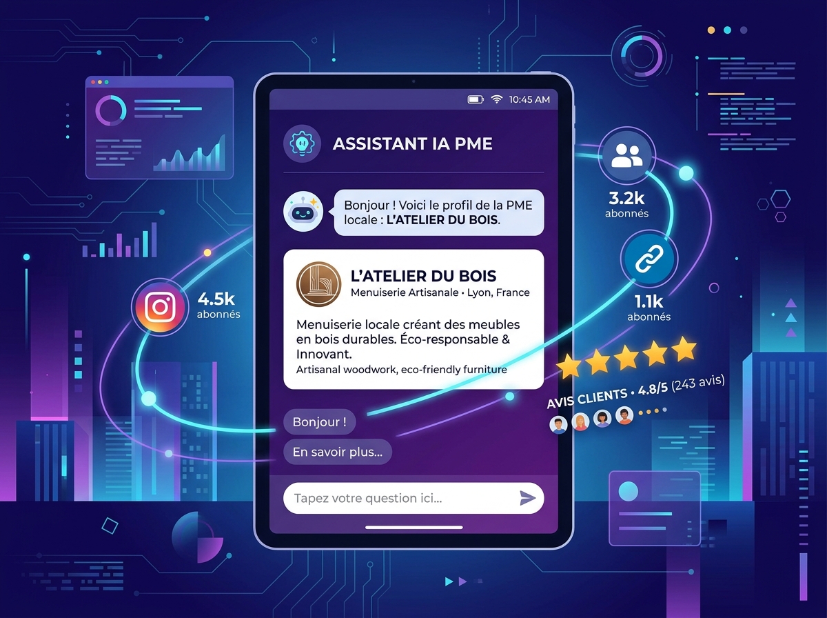 Futuristic AI interface displaying a local SME's profile with social media icons and review stars in orbit.