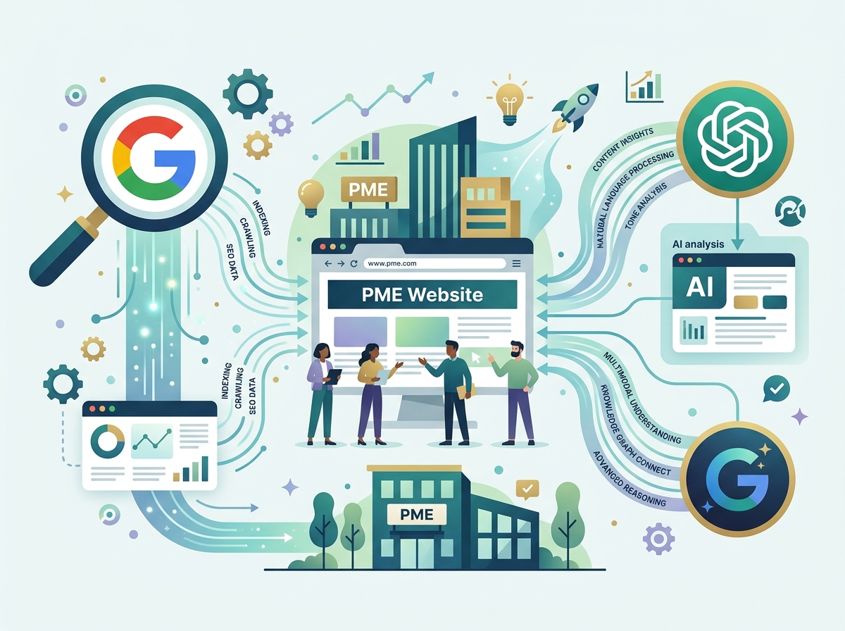 Futuristic illustration of an SME website analysed by Google and AI agents like ChatGPT and Gemini, with data flows.