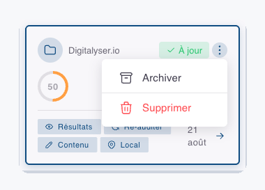 La carte d'un projet sur la page « Mes Projets », avec son menu d'actions ouvert : deux entrées seulement, « Archiver » et « Supprimer », cette dernière en rouge.