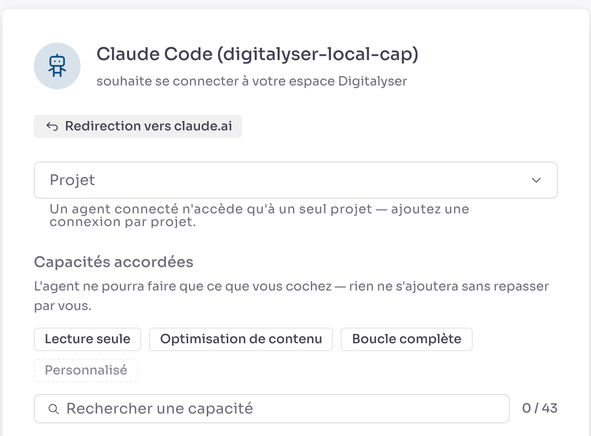 Les trois niveaux d'accès de l'écran de consentement — « Lecture seule », « Optimisation de contenu », « Boucle complète » — suivis de l'étiquette « Personnalisé » en pointillés, d'un champ de recherche et du compteur « 0 / 43 ».