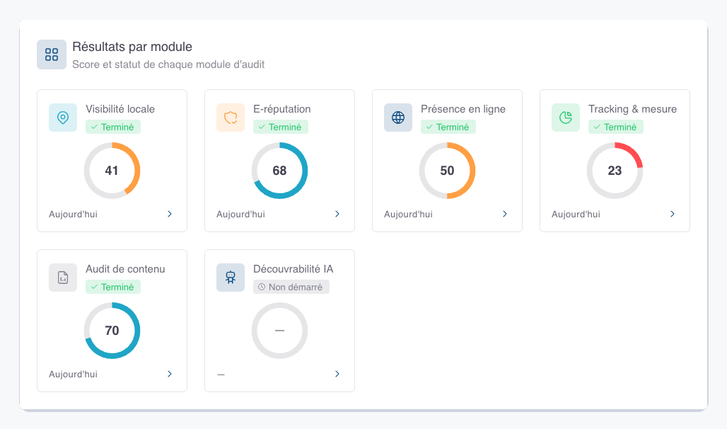 Le bloc « Résultats par module » de la vue d'ensemble : six cartes, une par module d'audit. Visibilité locale, E-réputation, Présence en ligne, Tracking & mesure et Audit de contenu portent la mention « Terminé » et leur score en cercle ; Découvrabilité IA porte « Non démarré » et un tiret à la place du score.