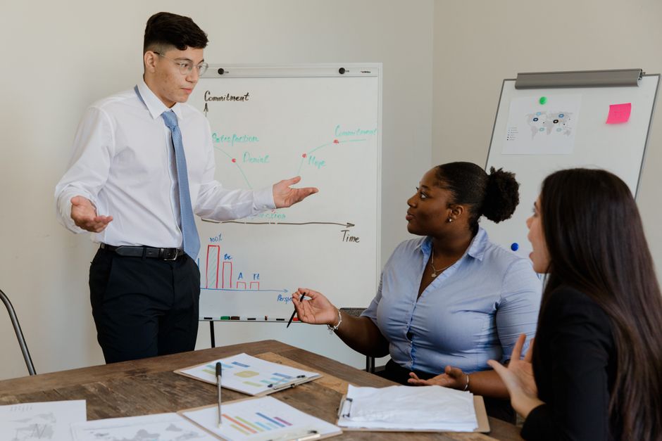Business strategy diagram on a whiteboard, linking visibility, demand, and sales, in an SME team meeting.